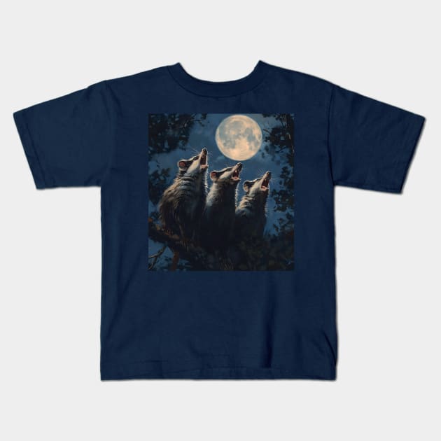 Funny Three Opposum Moon Howling At The Moon Pet Possum Kids T-Shirt by RetroZin